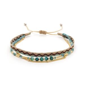Woven Boho Multi-Strand Adjustable Bracelet Turquoise Gold Beaded Zigzag Pattern